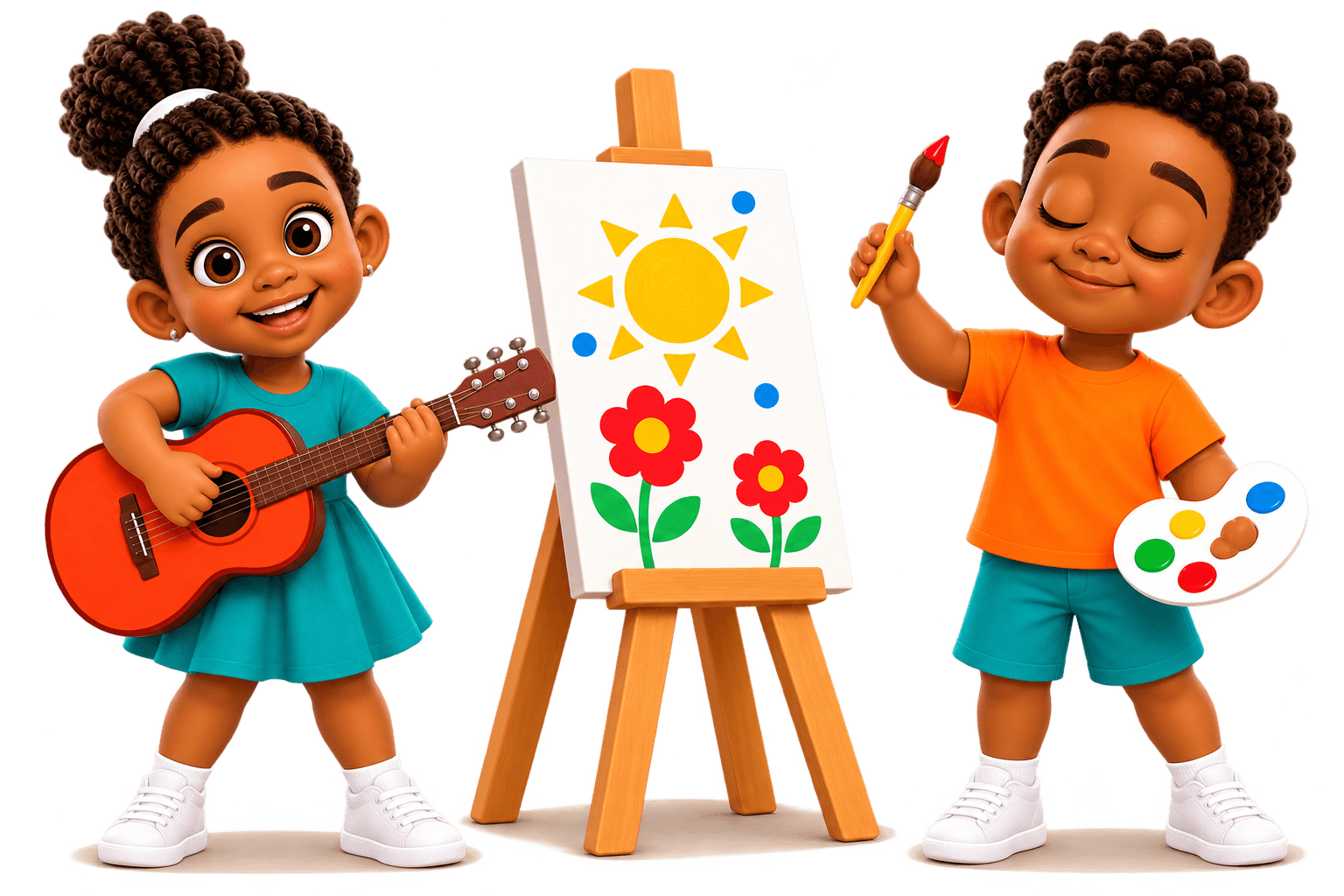 Two children enjoying music and painting together